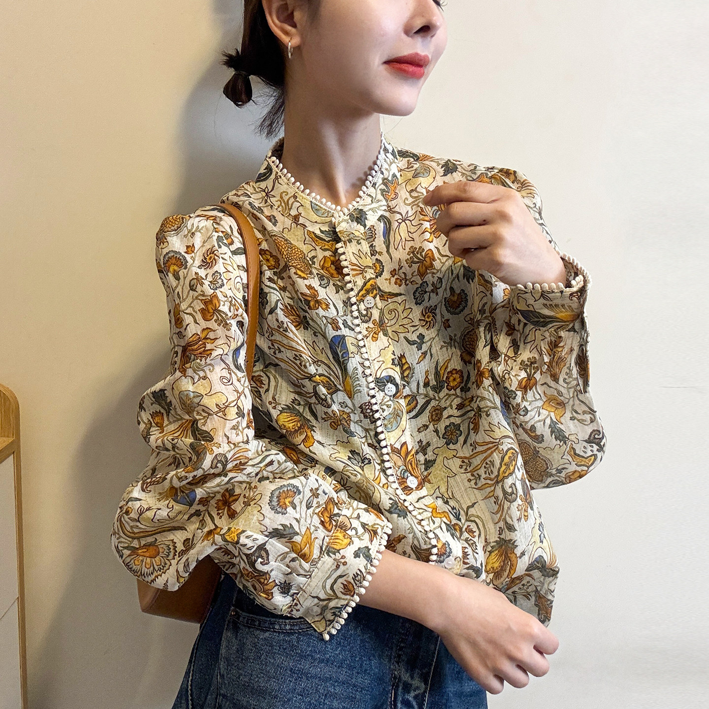 复古印花气质天丝衬衫女欧洲站2026春装新款欧货女装时尚娃娃衫潮