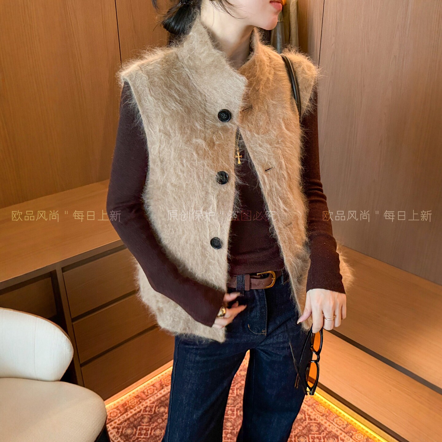 老钱风立领羊毛拉绒马甲短外套女
