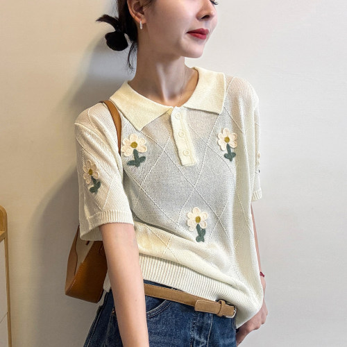 POLO领花朵刺绣冰丝针织衫女欧货