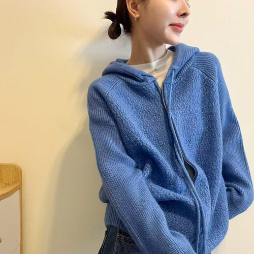 连帽豆豆纱羊毛针织开衫女欧洲站