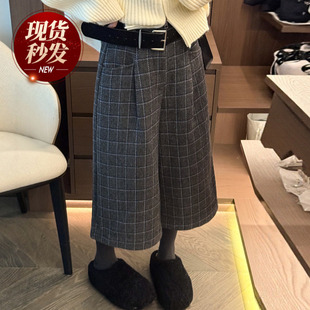 撞色格子羊毛呢西装阔腿裤女欧洲站2025冬装新款欧货女装休闲裤潮