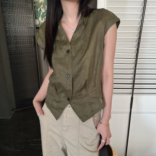 复古V领飞飞袖麻料衬衫女欧洲站