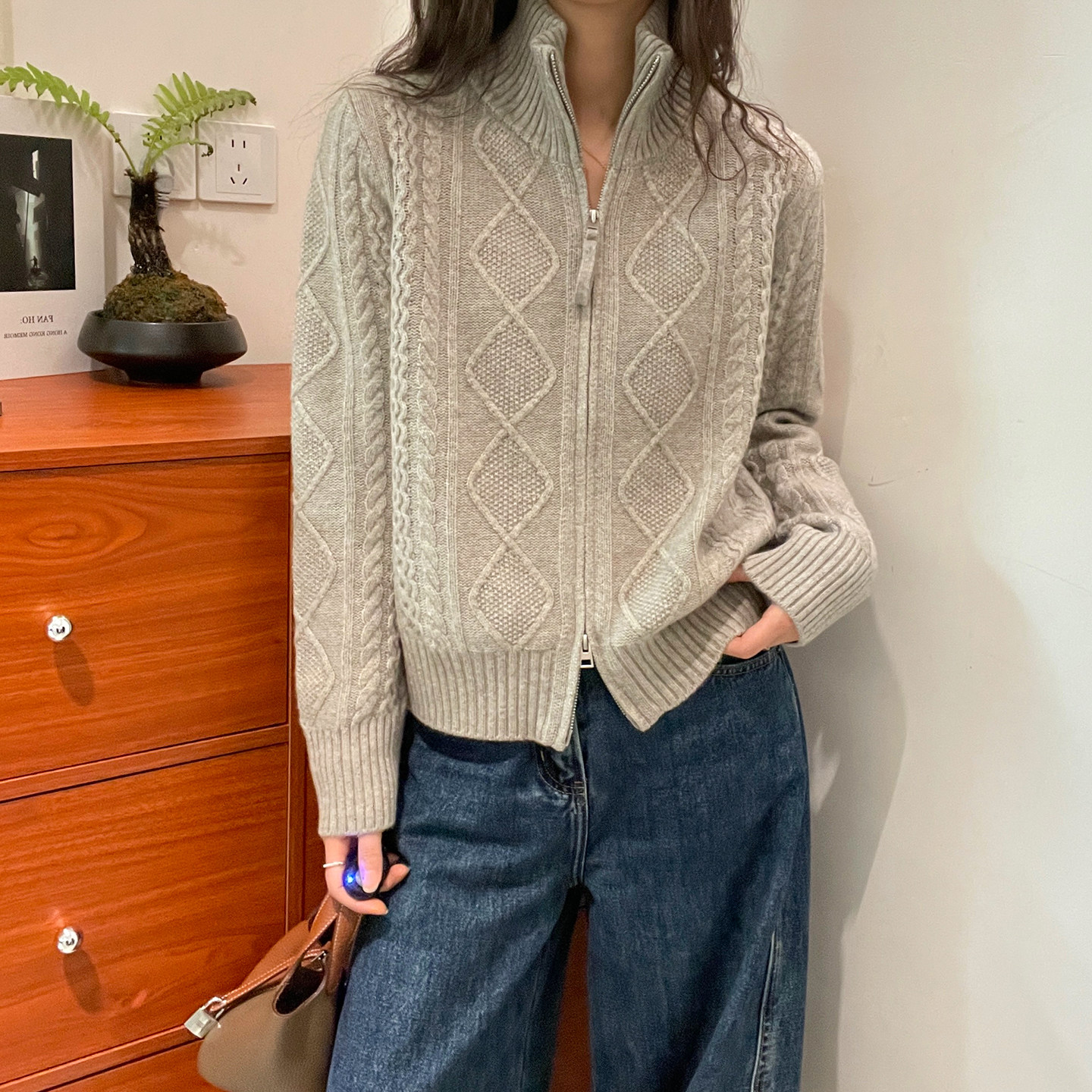 菱形格高领羊绒针织开衫女欧洲站