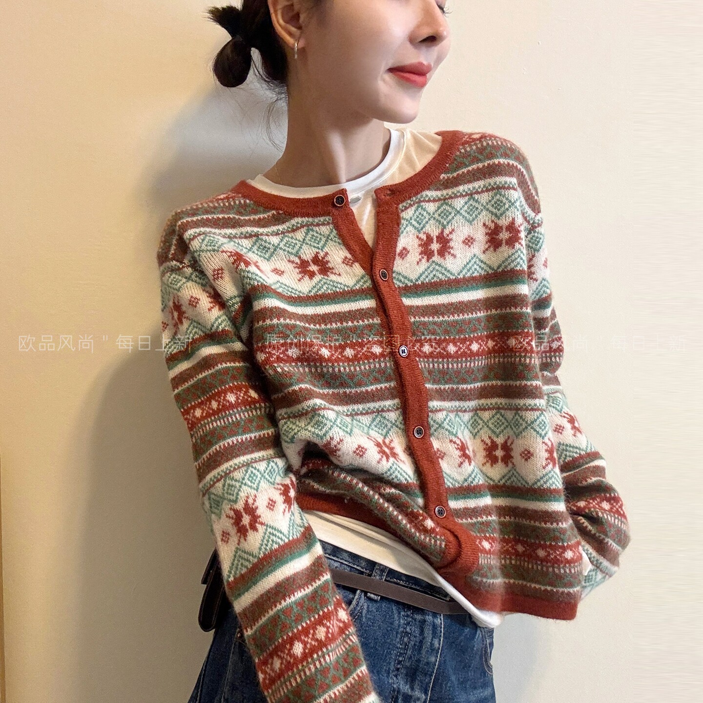费尔岛提花羊绒针织开衫女欧洲站