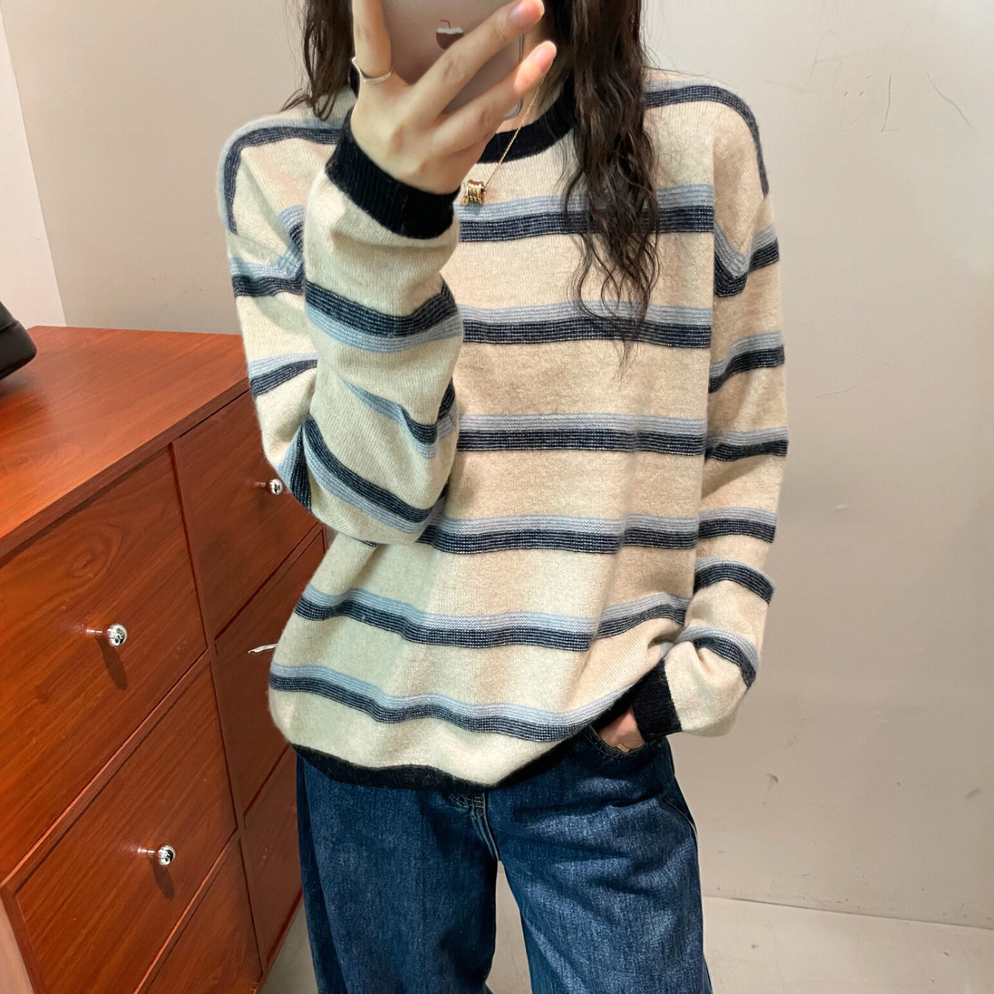 条纹山羊绒绵羊毛针织衫女欧洲站