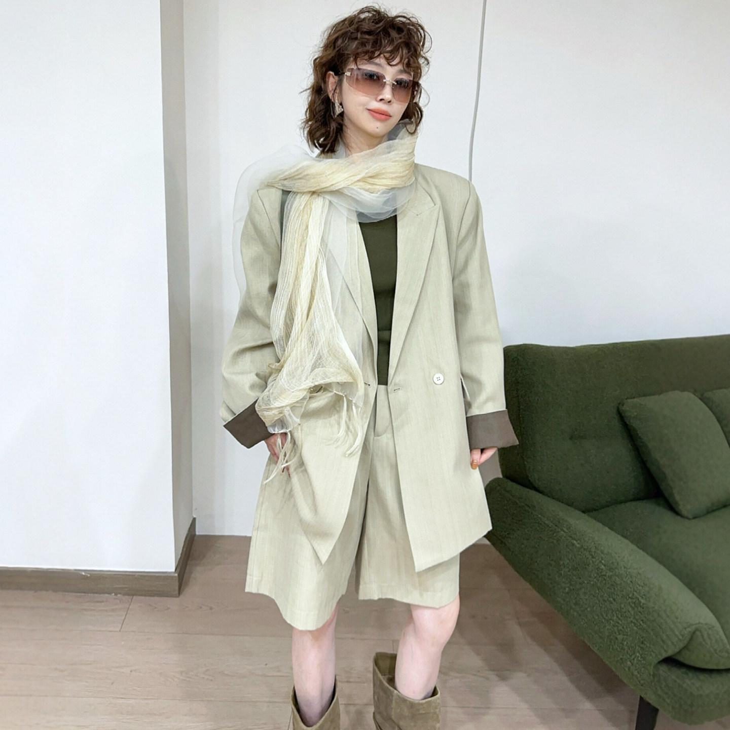 西装外套阔腿短裤两件套装女欧货