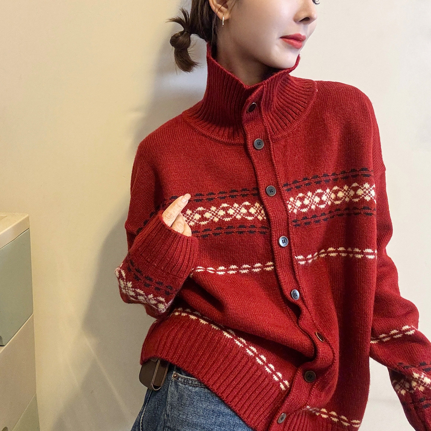 复古提花高领羊毛针织衫女欧洲站