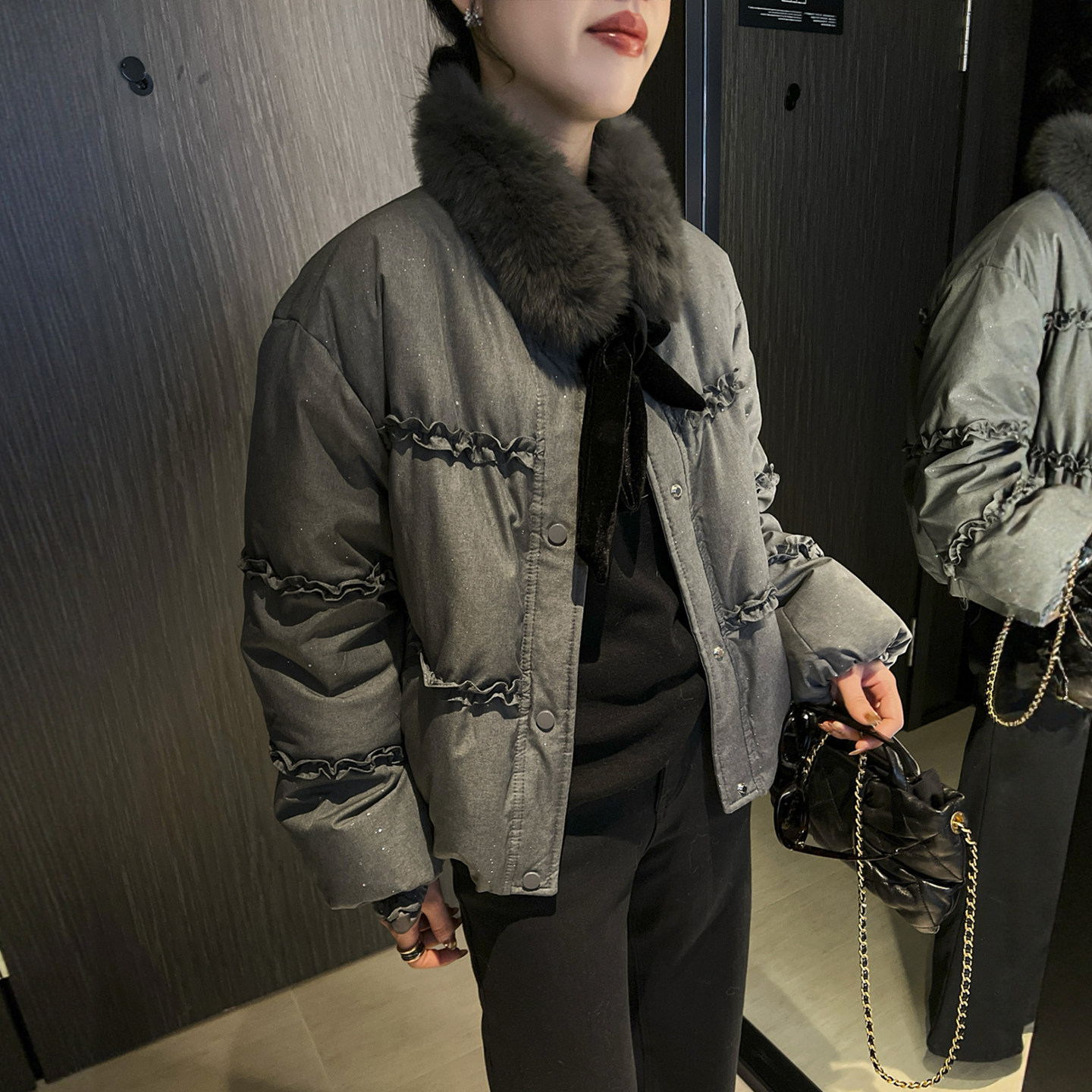 配毛领亮片花边羽绒服女欧洲站2025冬装新款欧货女装面包服外套潮