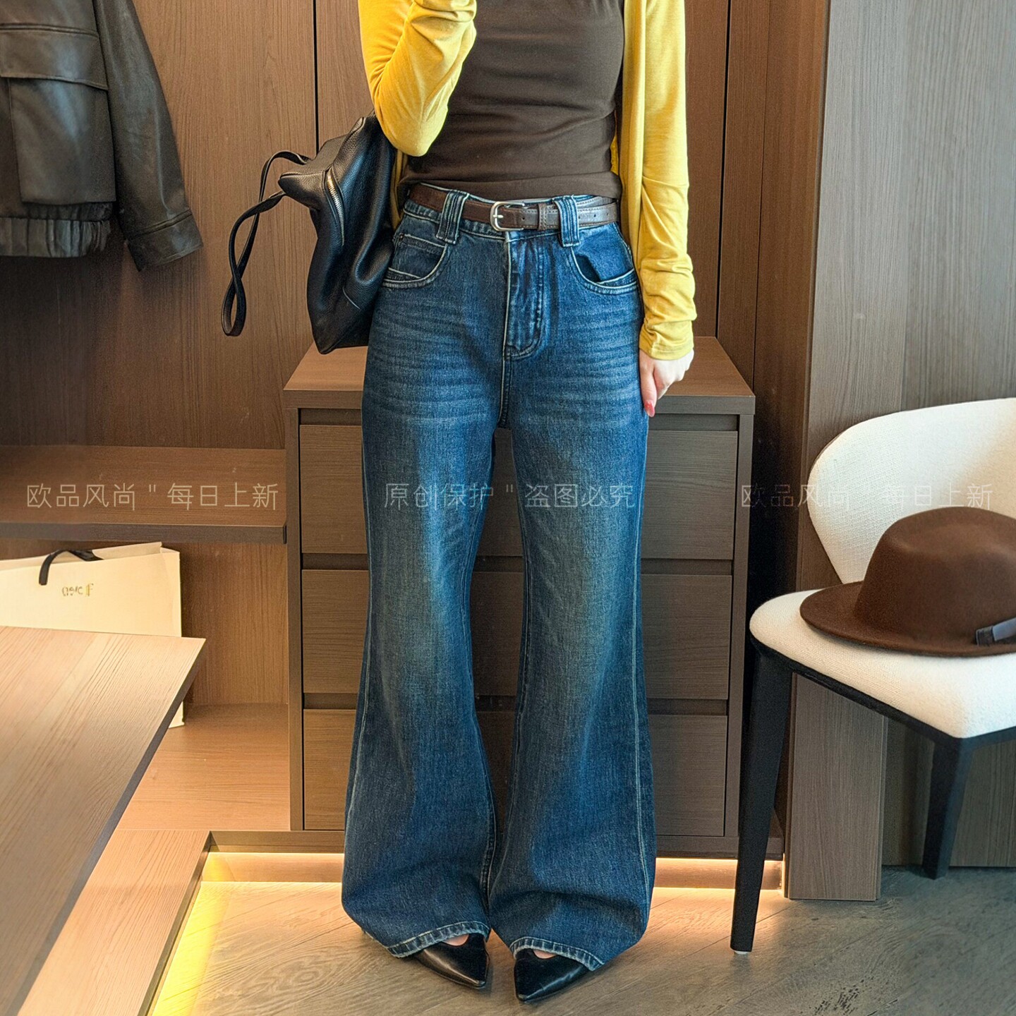 复古拖地微喇高腰牛仔裤女欧洲站