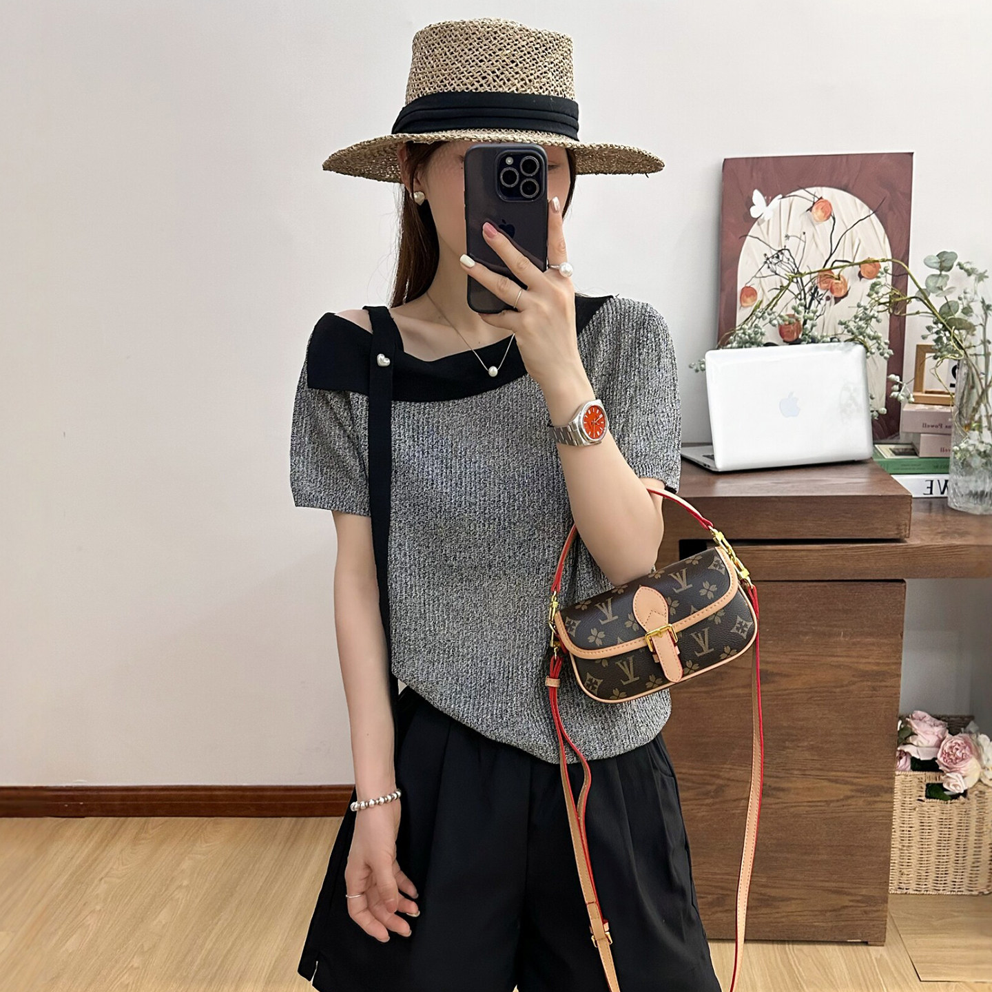 一字领露肩冰麻针织衫女欧货上衣