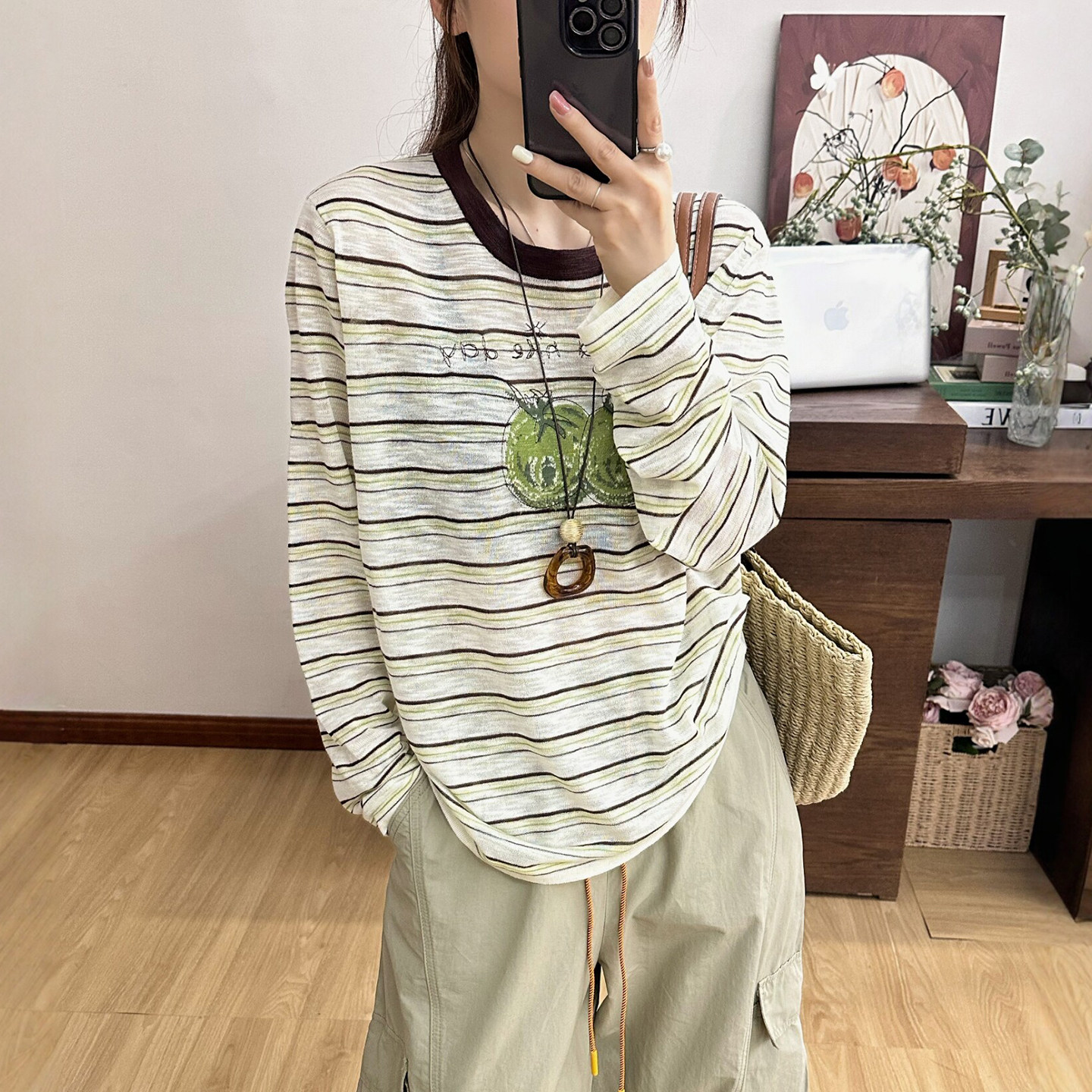 水果印花条纹冰丝针织衫女欧洲站