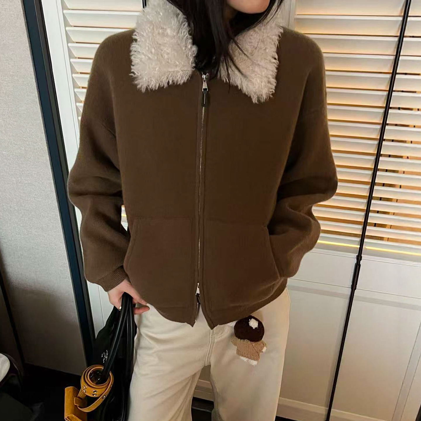 羊羔毛翻领羊毛呢卫衣开衫女欧货