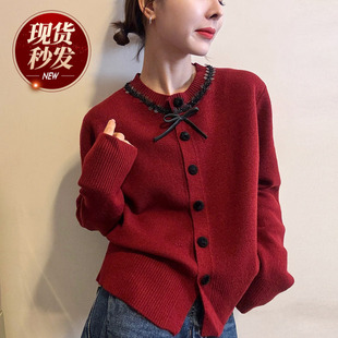 欧货女装 新款 毛衣外套潮 女欧洲站2025冬装 蝴蝶结钉珠羊毛针织开衫