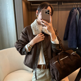 短款 欧货女装 夹克潮 新款 羊羔毛领拼皮羽绒服外套女欧洲站2025冬装