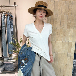 剪刀领修身短袖面膜T恤女欧洲站2026春装新款欧货女装打底小衫潮