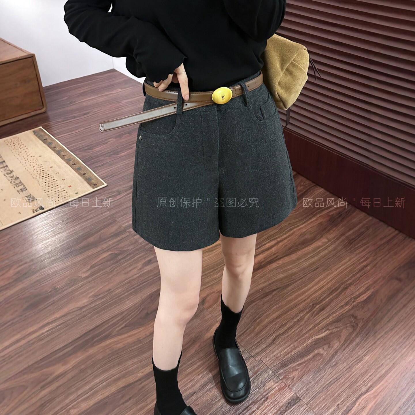 羊毛呢A字西装阔腿短裤女欧洲站