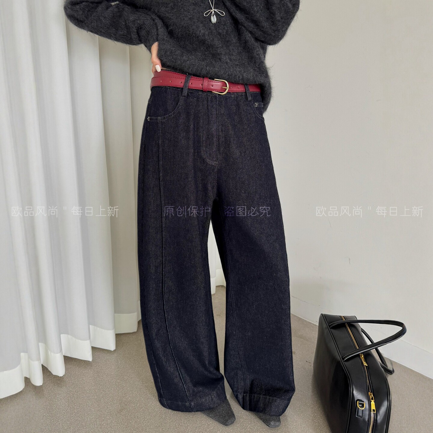 深蓝色拖地加绒阔腿牛仔裤女欧货