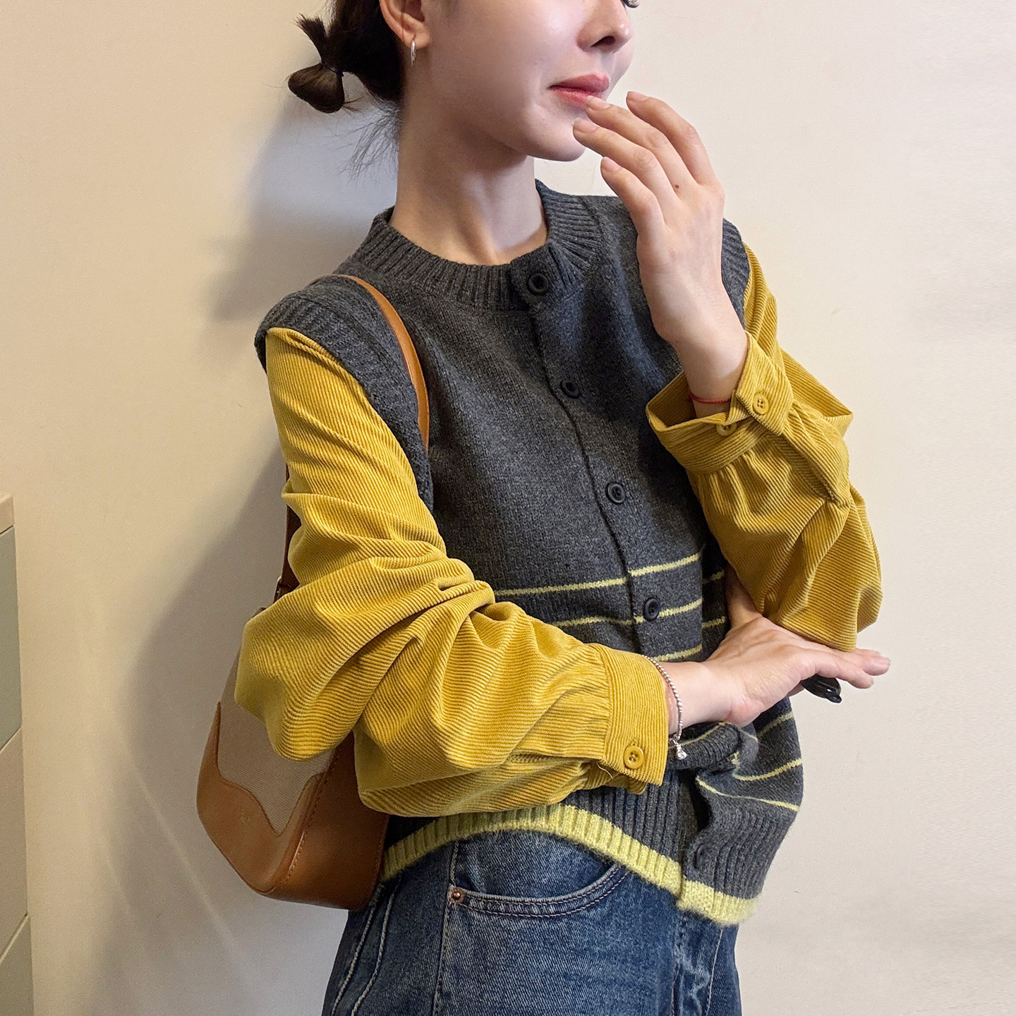 假两件羊毛针织马甲衬衫女欧洲站