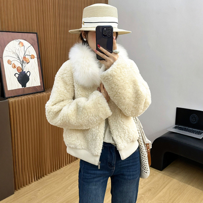 超大毛领羊羔毛皮毛一体外套欧货