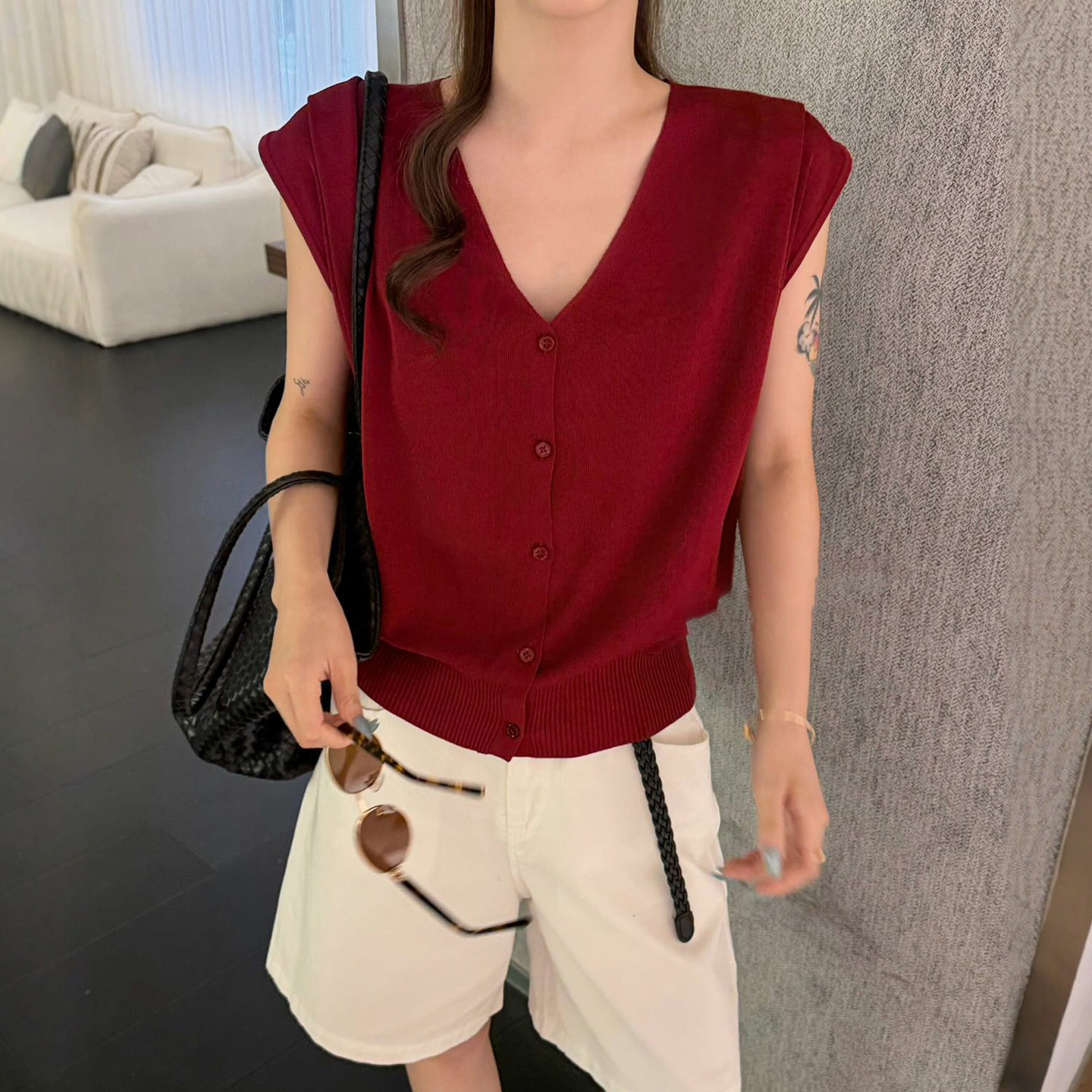 飞飞袖V领冰丝针织开衫女欧洲站