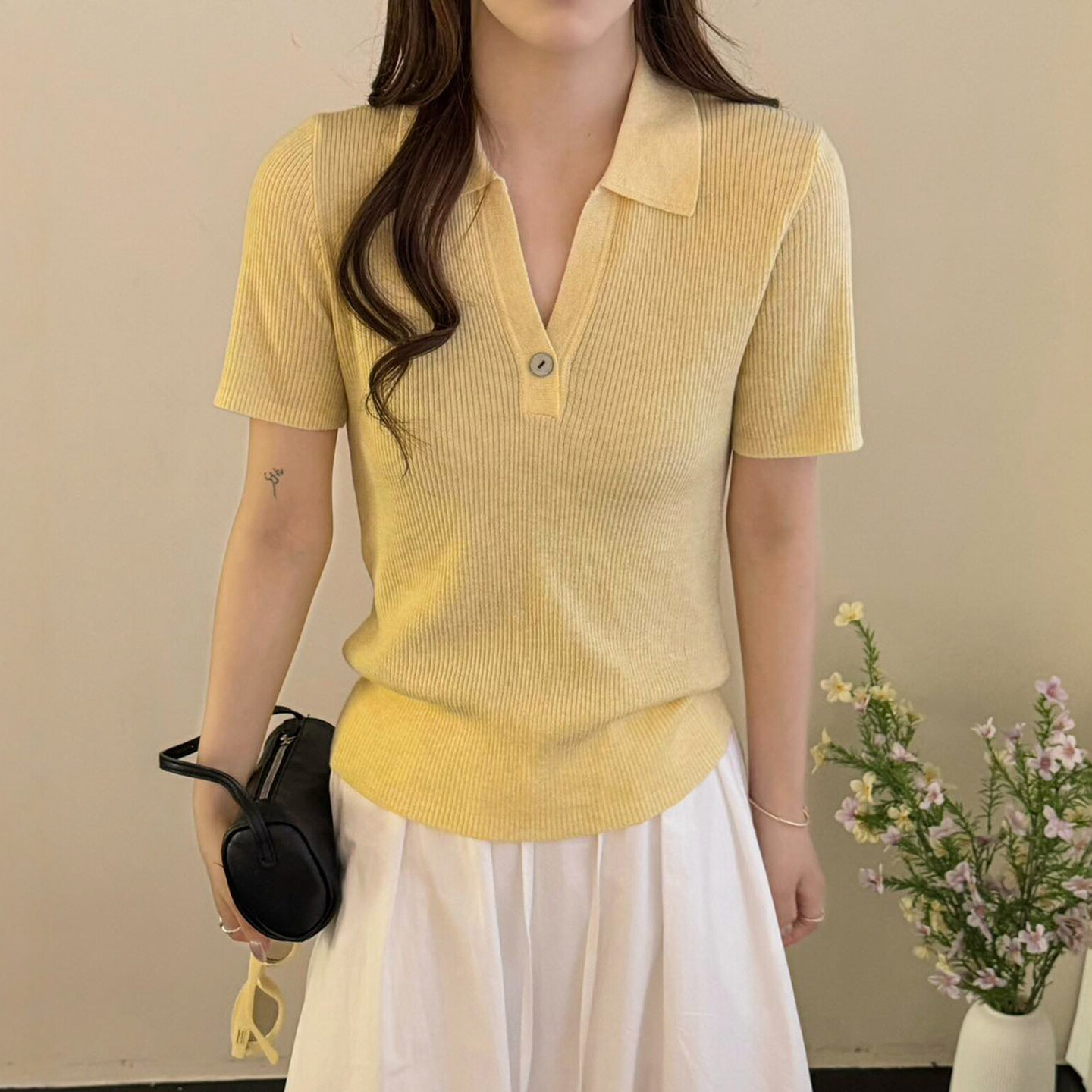 贝壳扣翻领冰丝针织衫女欧洲站2026春装新款欧货女装短袖打底衫潮