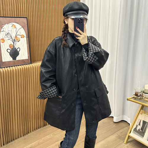 格子翻边蛋白皮PU羽绒服女欧洲站