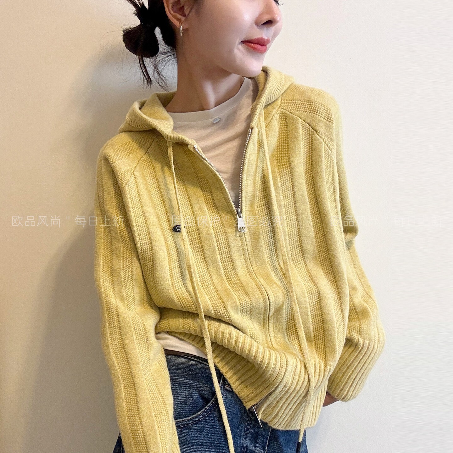 贴标连帽细羊毛针织开衫女欧洲站