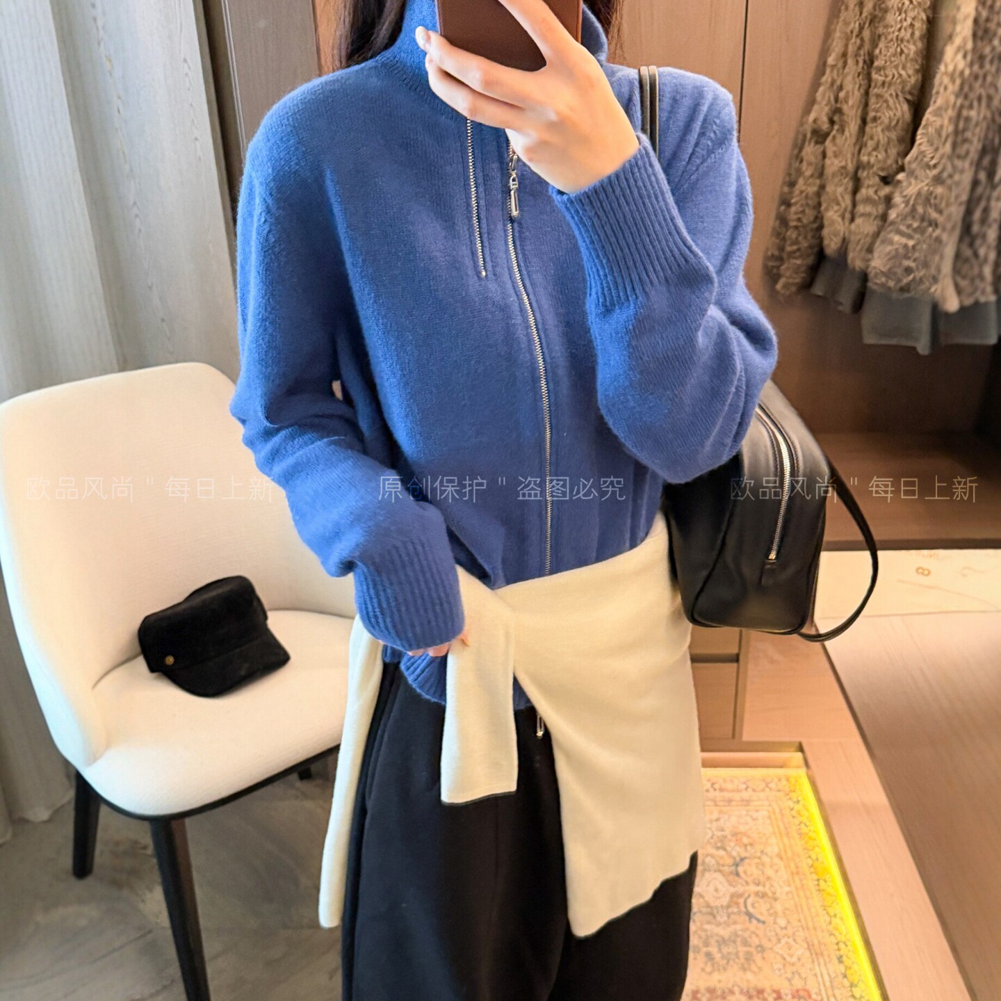 双拉链高领羊毛针织开衫女欧洲站