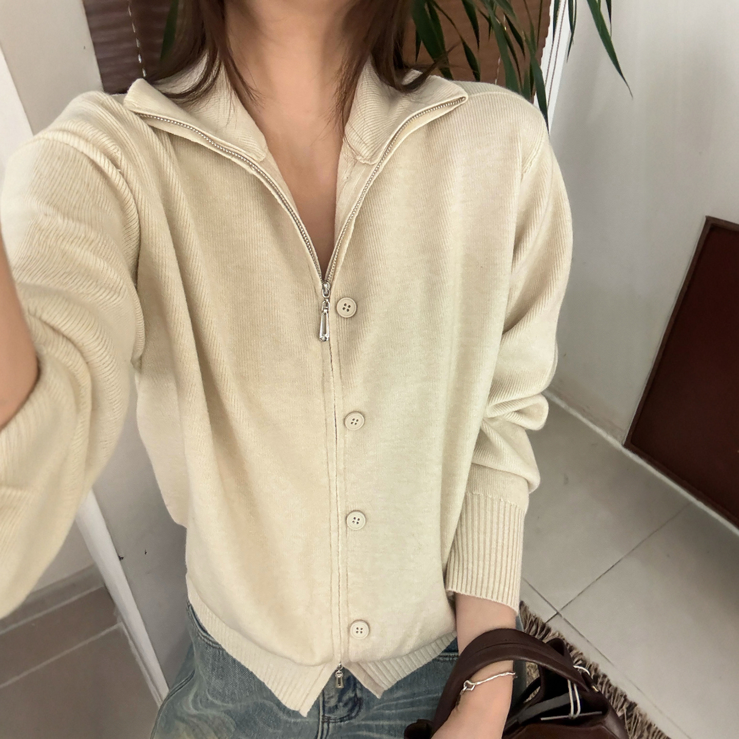 双拉链立领纽扣针织开衫女欧洲站