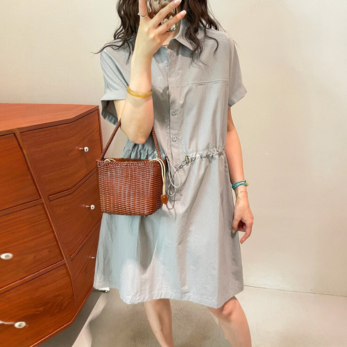 抽绳系带莱赛尔收腰连衣裙女欧货