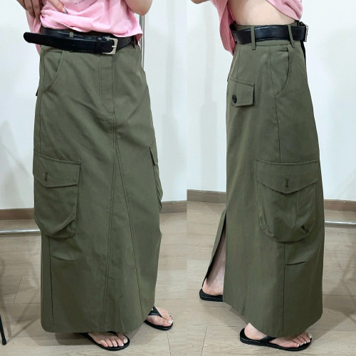 双口袋开叉A字工装半身裙女欧货