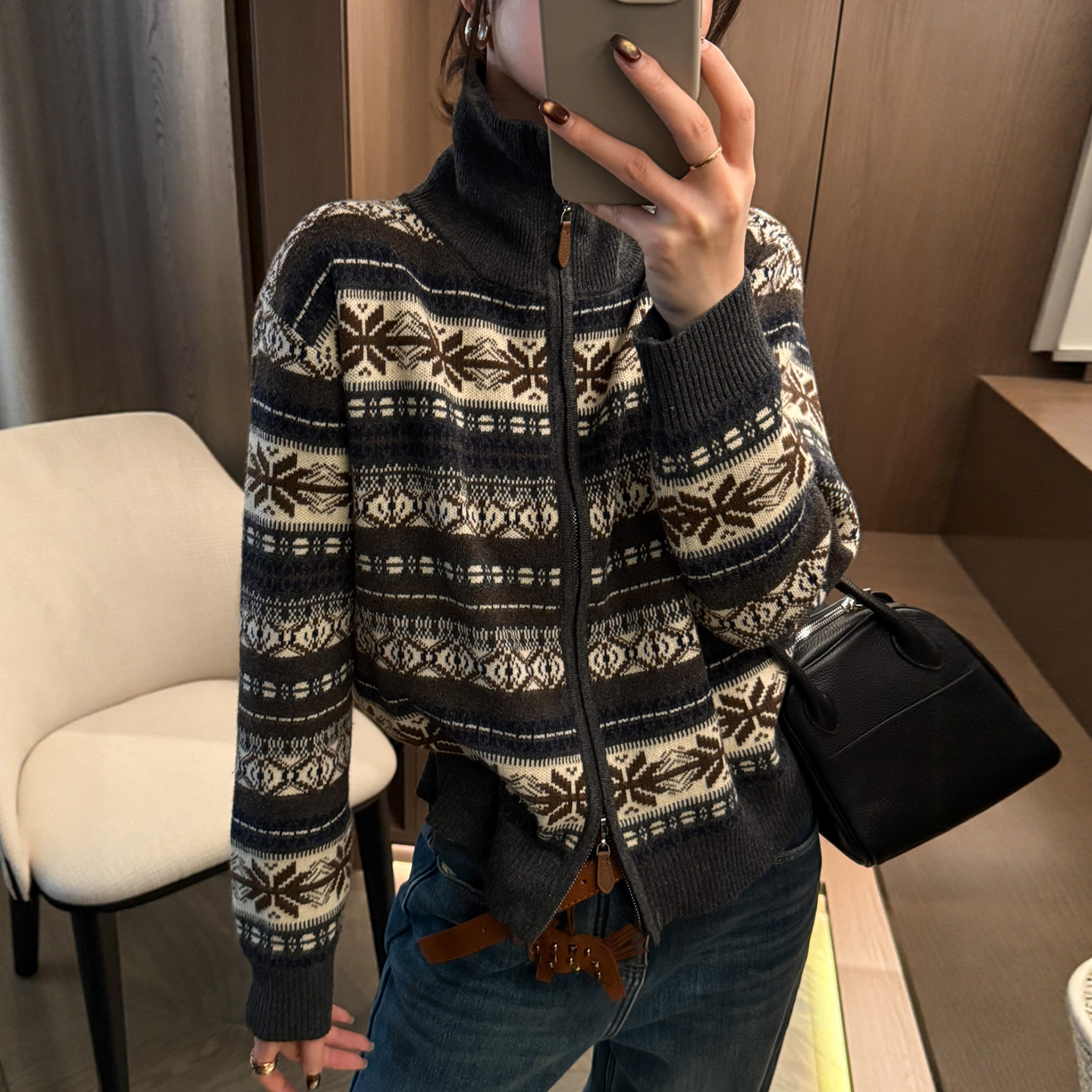 提花高领羊毛针织开衫女欧货毛衣