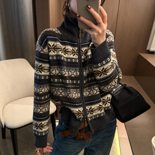 欧货女装 新款 毛衣潮 女欧洲站2025冬装 费尔岛提花高领羊毛针织开衫