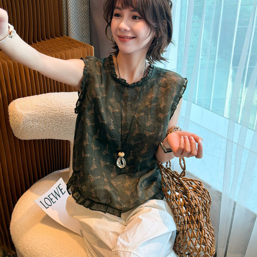 复古印花木耳边麻料衬衫女欧洲站