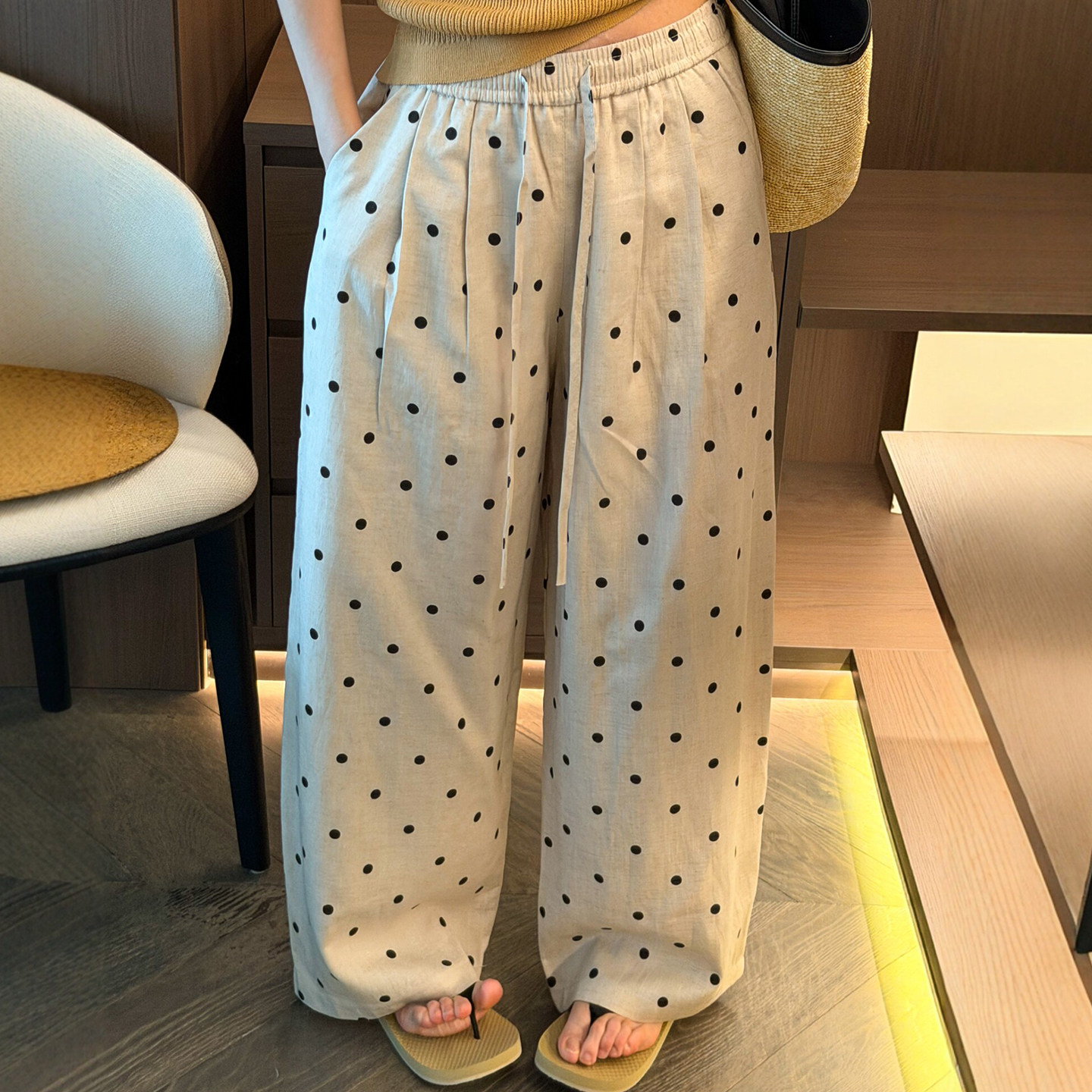 拖地直筒波点麻料阔腿裤女欧洲站2026夏装新款欧货女装休闲裤子潮