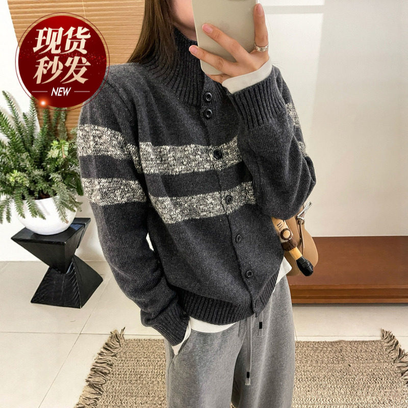 撞色条纹高领羊毛针织开衫女欧洲站2025冬装新款欧货女装短外套潮,女装/女士精品,毛针织衫,淘宝优惠券,粉丝福利购,淘宝优惠卷