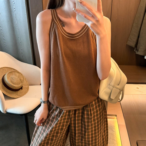 撞色条纹U领冰丝针织衫女欧洲站