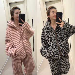 新款 女欧洲站2025冬装 欧货潮 两件套套装 复古豹纹珊瑚绒外套阔腿裤