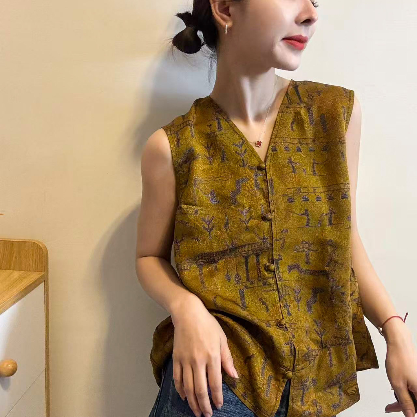 新中式国风印花无袖衬衫女欧洲站