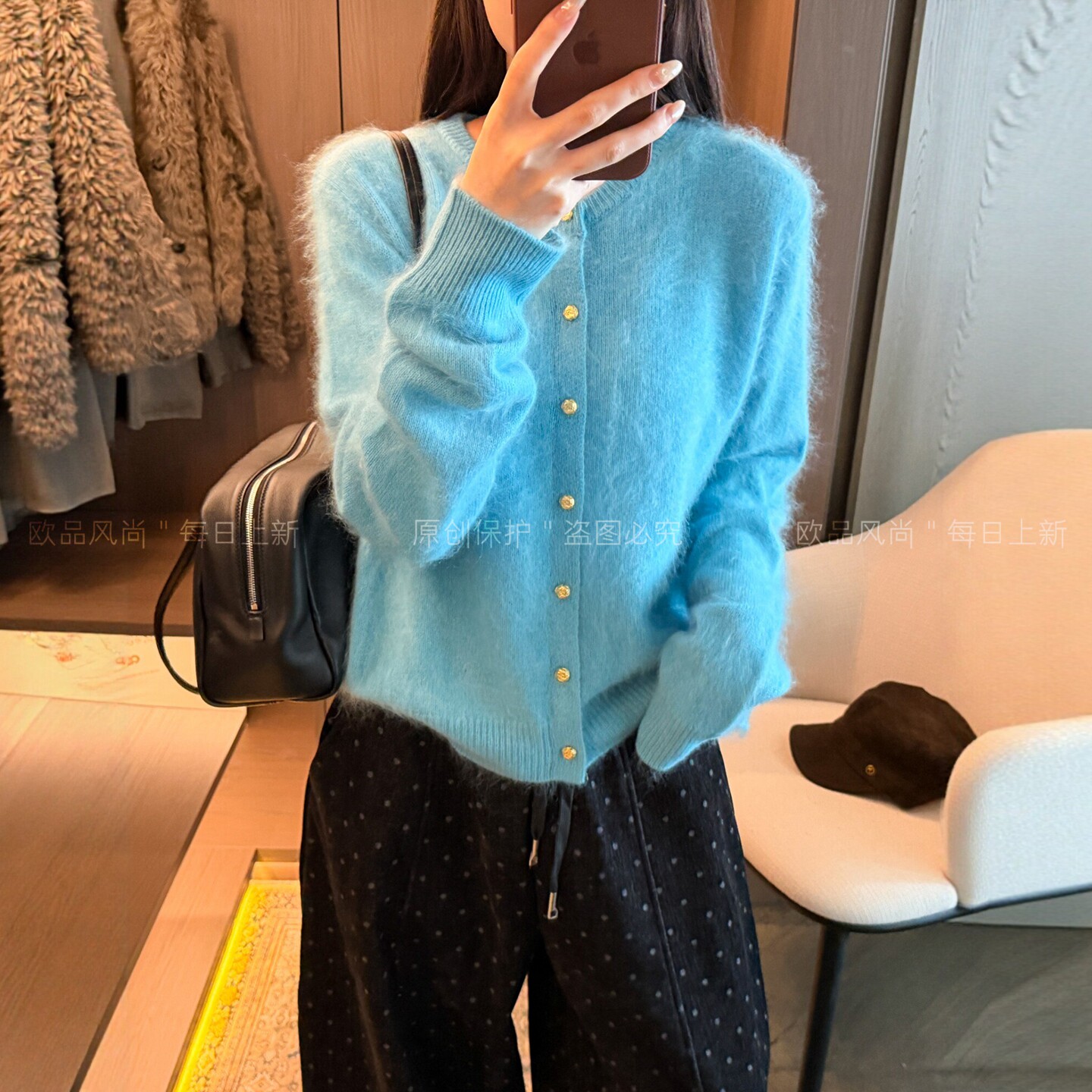 小金扣绵羊毛拉绒针织开衫女欧货