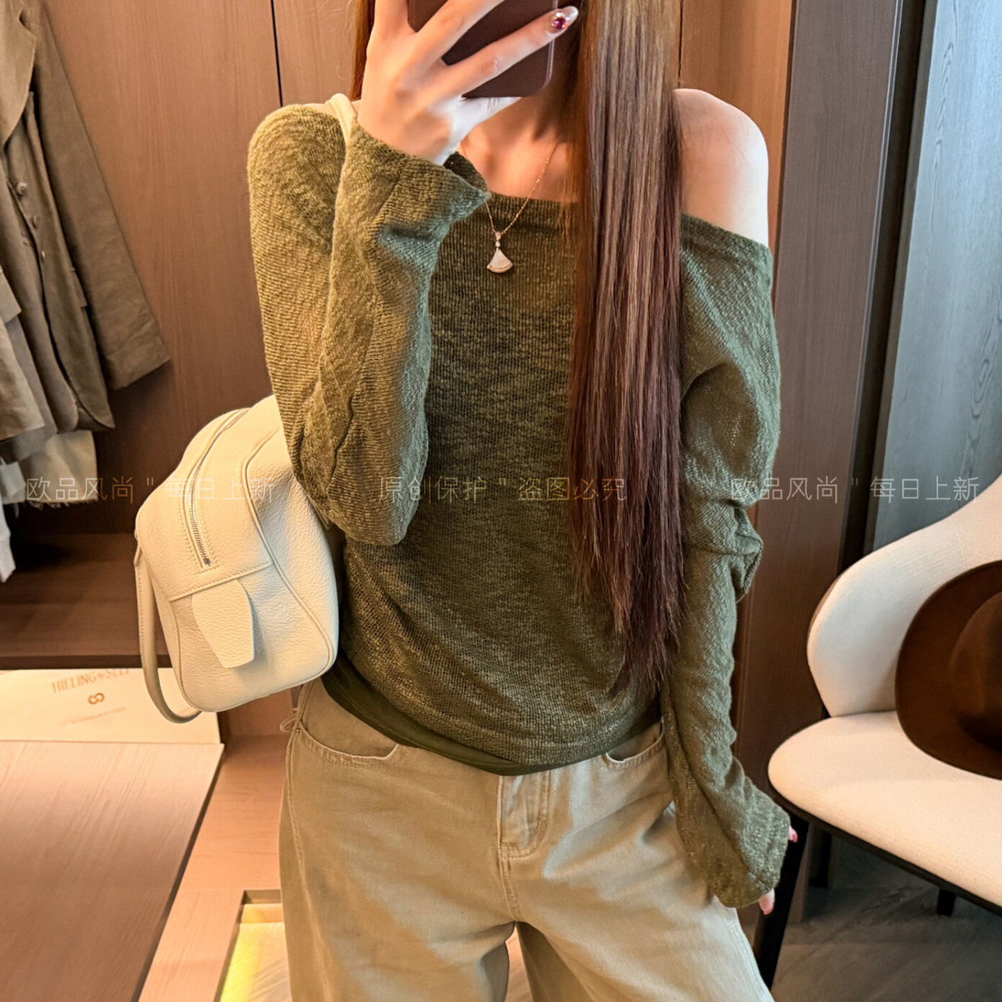 一字领露肩挂脖冰丝针织衫女欧货