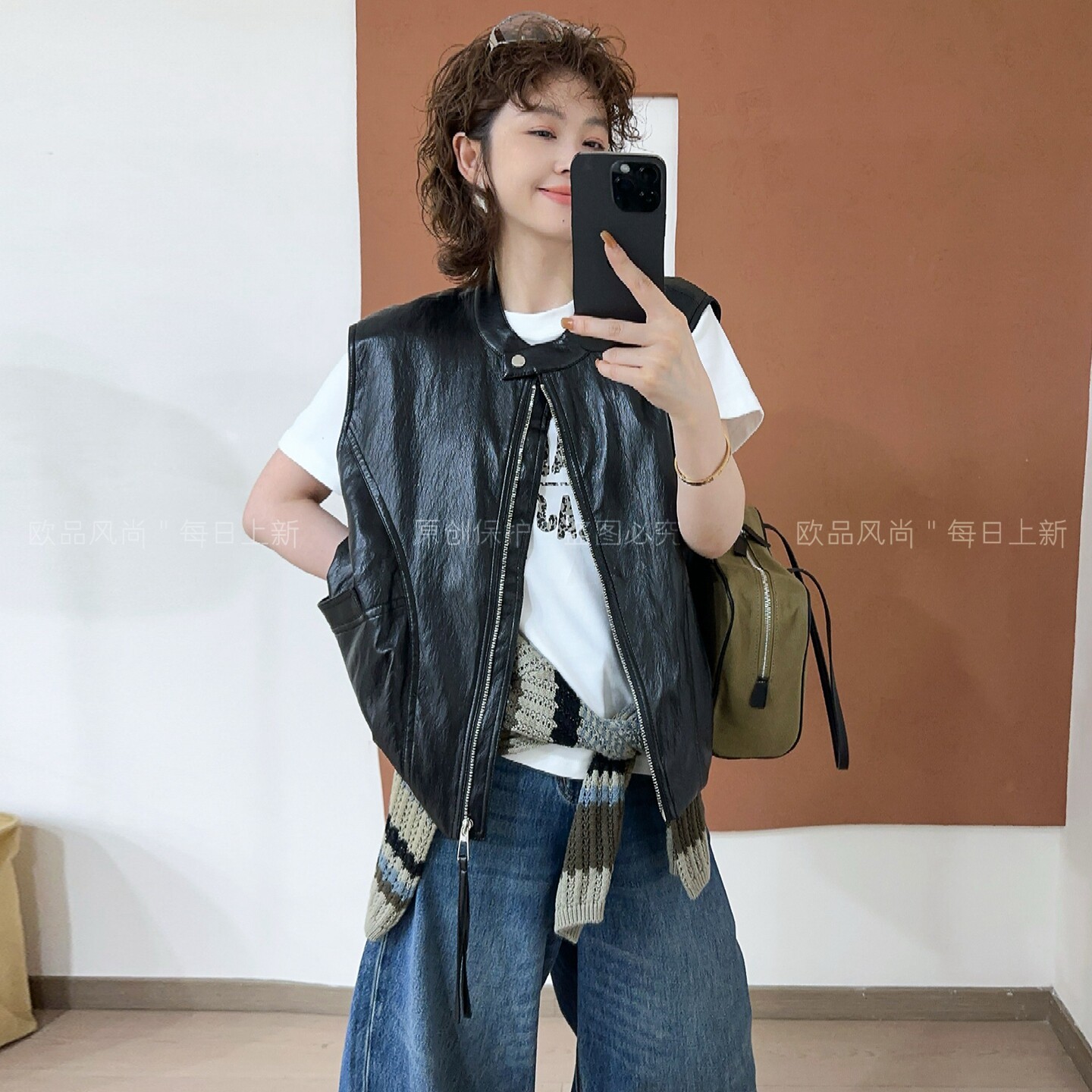 复古蛋白皮PU皮衣马甲女欧洲站潮