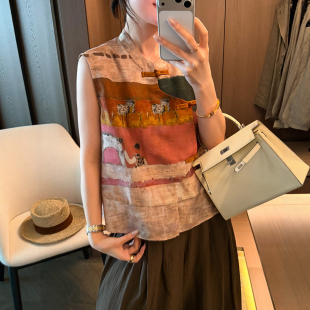 新中式盘扣印花麻料衬衫女欧洲站2026夏季新款欧货女装国风马甲潮