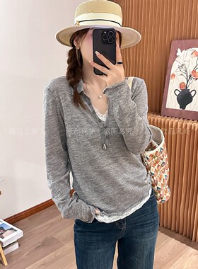 假两件蕾丝翻领羊毛针织衫女欧货
