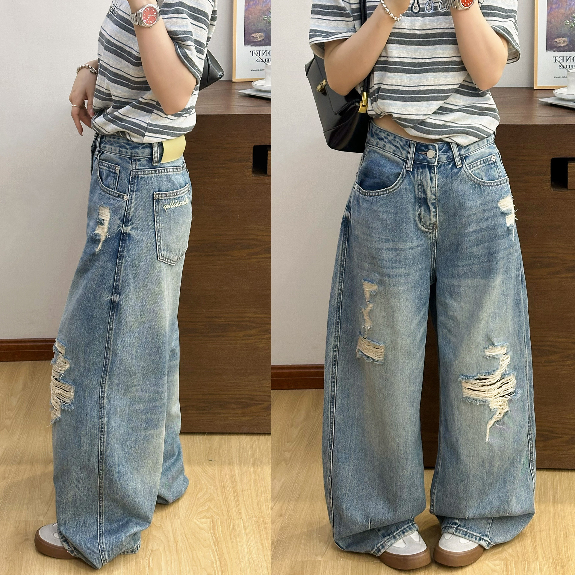 复古破洞拖地阔腿牛仔裤女欧洲站2026春装新款欧货女装直筒裤子潮