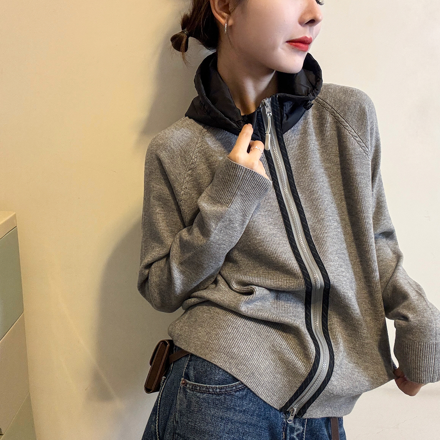 双拉链连帽羊绒针织开衫女欧洲站