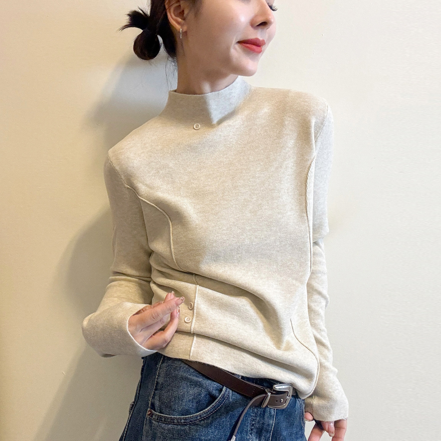 纽扣拼接高领针织打底衫女欧洲站