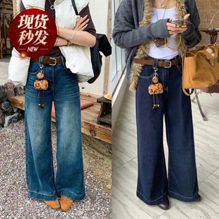 豹纹挂件加绒阔腿牛仔裤女欧洲站2025冬装新款欧货女装喇叭裤子潮