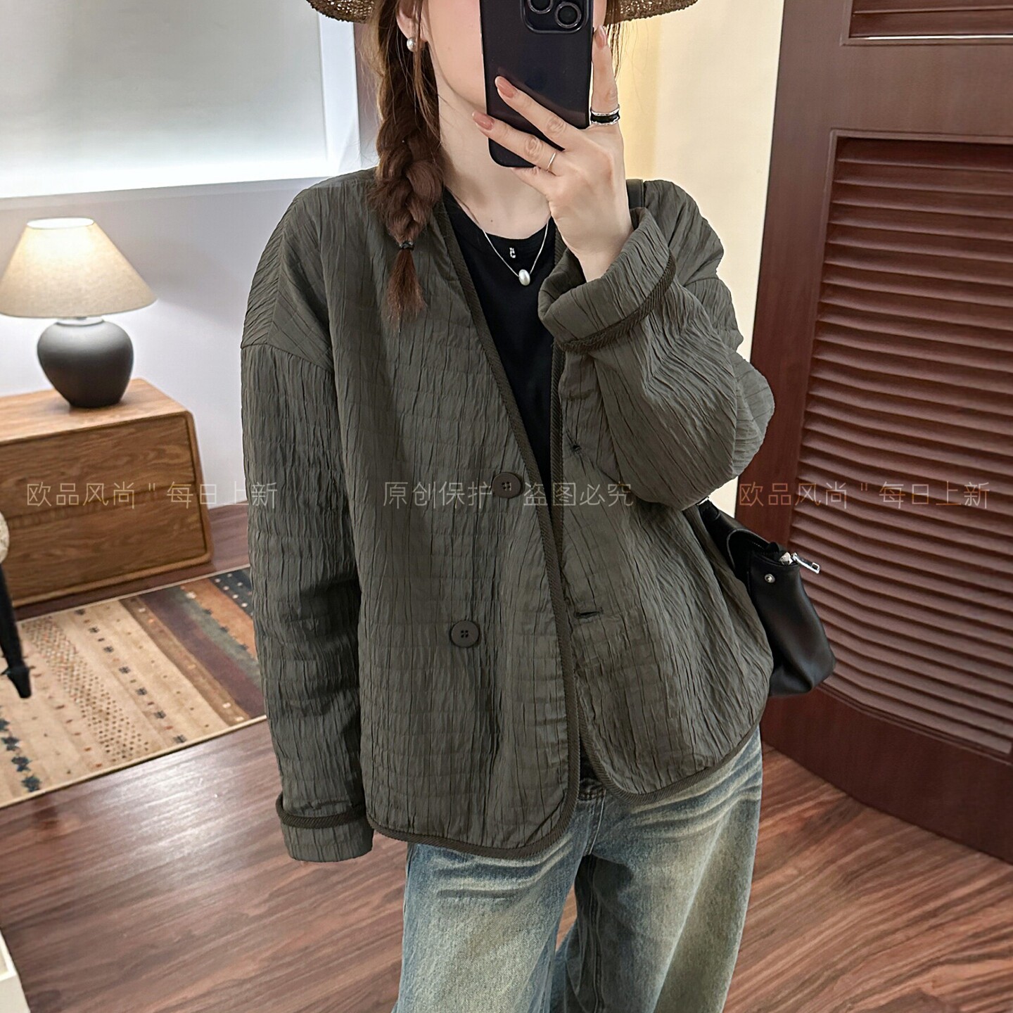 复古压格V领棒球服外套女欧洲站