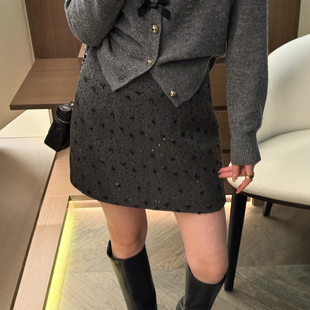 包臀裙潮 欧货女装 重工镶钻羊毛呢A字半身裙女欧洲站2025冬装 新款